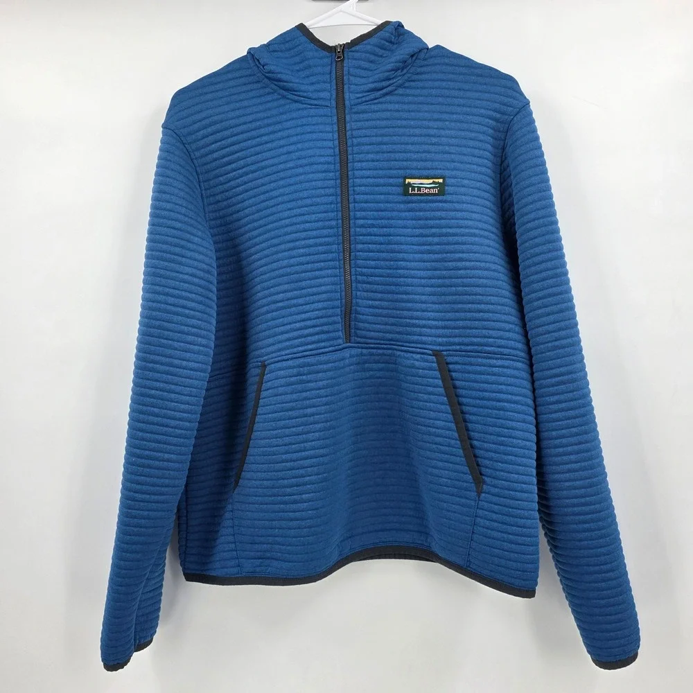 LL BEAN RIBBED 1/4 ZIP HOODIE SWEATSHIRT MENS MEDIUM SLIGHTLY FITTED BLUE FLEECE